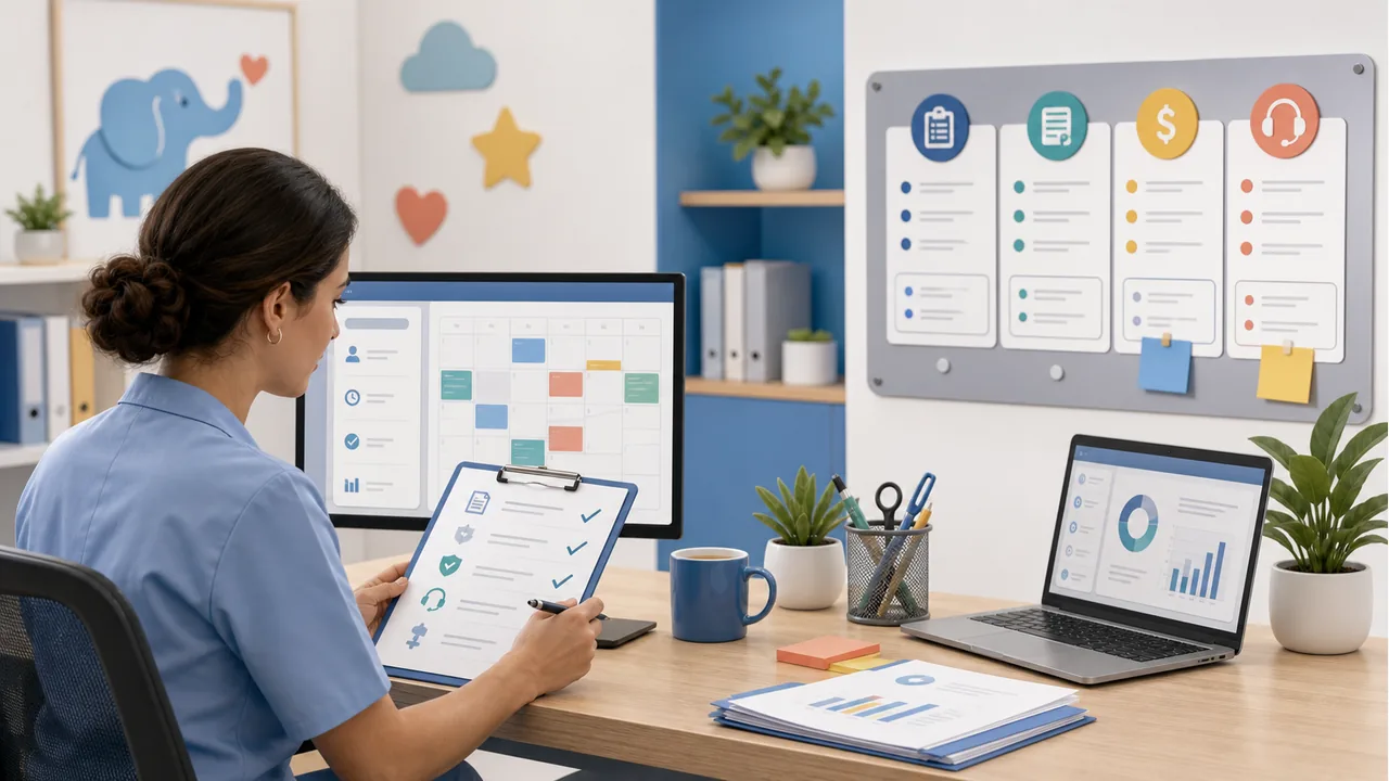 Illustration of a specialty practice billing workspace with scheduling and follow-up workflow cues.